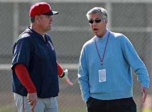 (Fort Myers , FL, 02/26/16) Boston Red Sox manager John Farrell and President of Baseball Operations Dave Dombrowski talk as second during Spring Training at JetBlue Park on Friday, February 26, 2016. Staff photo by Matt Stone