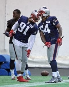 (Foxborough, MA, 09/30/15) Patriot's Linebackers #91 Jamie Collins and #54 Dont'a Hightower go through a drill during Patriots at Gillette. Wednesday, September 30, 2015. Staff photo by John Wilcox.
