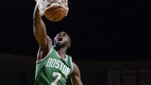 Boston Celtics' Jaylen Brown dunks the ball past Philadelphia 76ers' Shawn Long, right, during the second half of an NBA preseason basketball game, Tuesday, Oct. 4, 2016, in Amherst, Mass. (AP Photo/Jessica Hill)