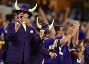 Minnesota Vikings fans cheer during a Green Bay Packers third and long in the third quarter at U.S. Bank Stadium in Minneapolis on Sunday, Sept. 18, 2016. (Pioneer Press: John Autey)