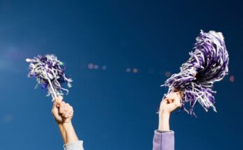 A close-up view shows two purple and white pom-poms shaking up in the air against the dark blue sky.