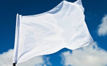 A close up of a plain white flag flying in the wind. The flag is displayed on a black pole at full mast and the sky is blue.