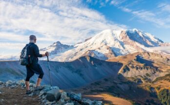 A hiker holding a hiking pole and looking at Mount Rainier from a trail. The mountain has some snow cover.