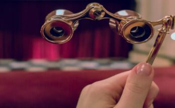 A hand holds a pair of gold opera glasses up in a theatre with red floors and a red curtain.