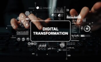 Hands type on a keyboard while, in front of the hands are digital images and the words Digital Transformation.