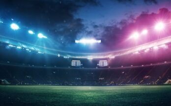 A brightly lit sports stadium at night with blue and pink lighting, empty stands, and a green grass field.